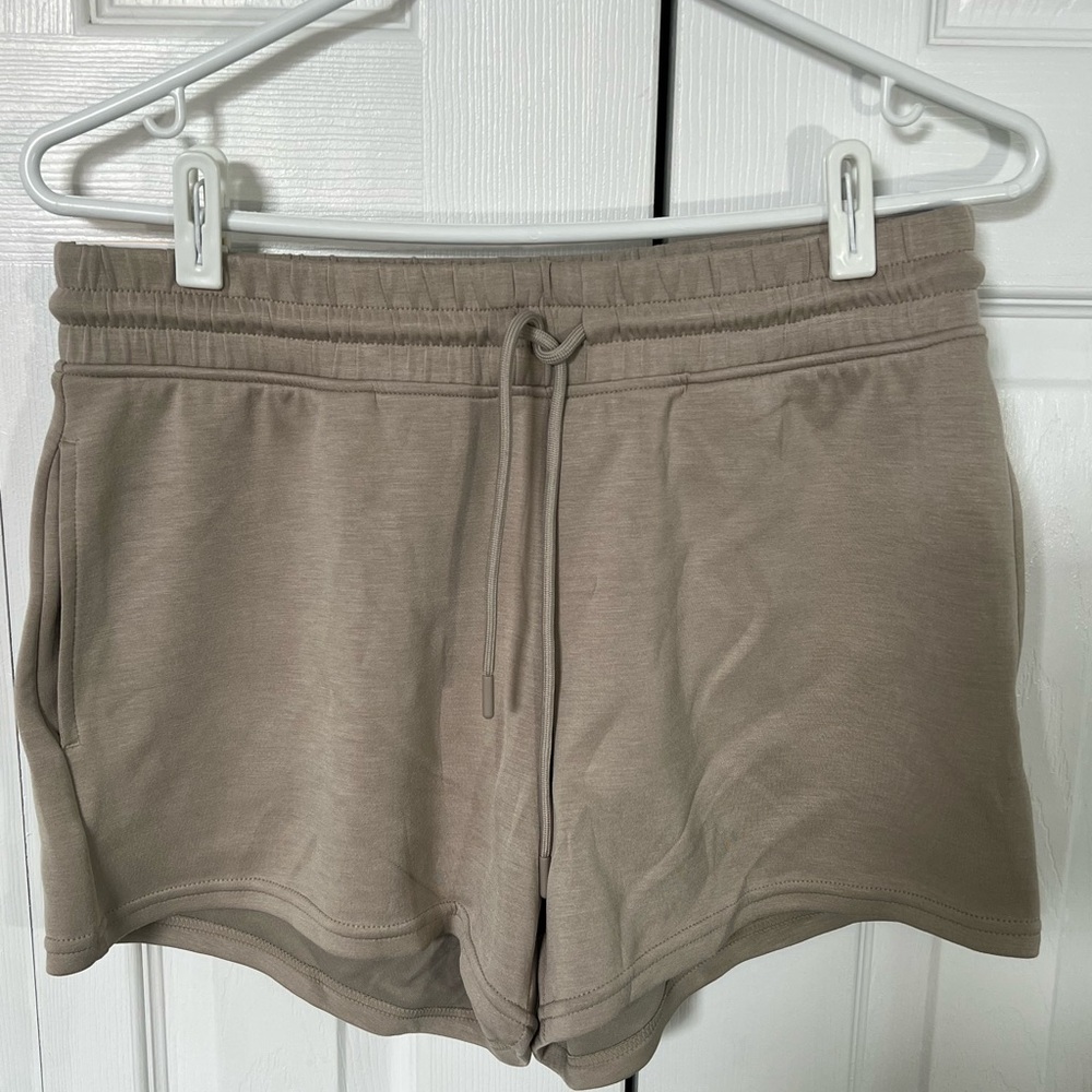 Tan Athletic Shorts with Soft Fabric and Mid-Thigh Length